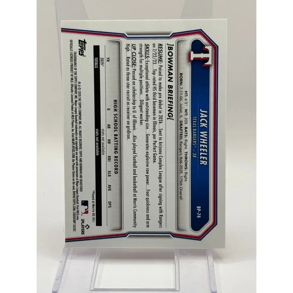 2026 Bowman Jack Wheeler 1st Bowman Orange Border Pattern 21/25 SP Texas Rangers